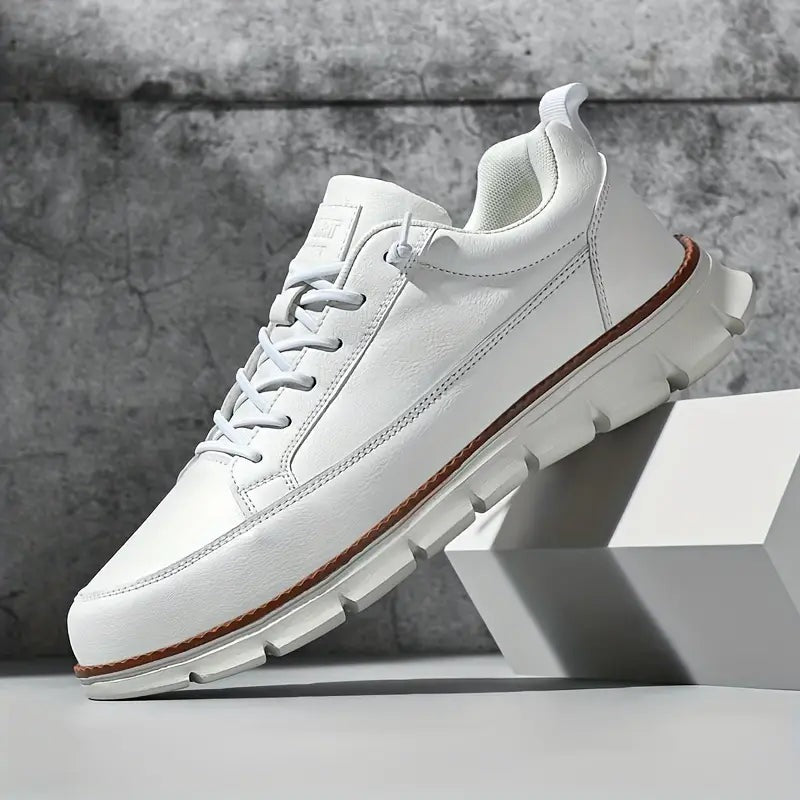 Men's smooth faux leather trainers with a flexible grooved sole and tan welt - white