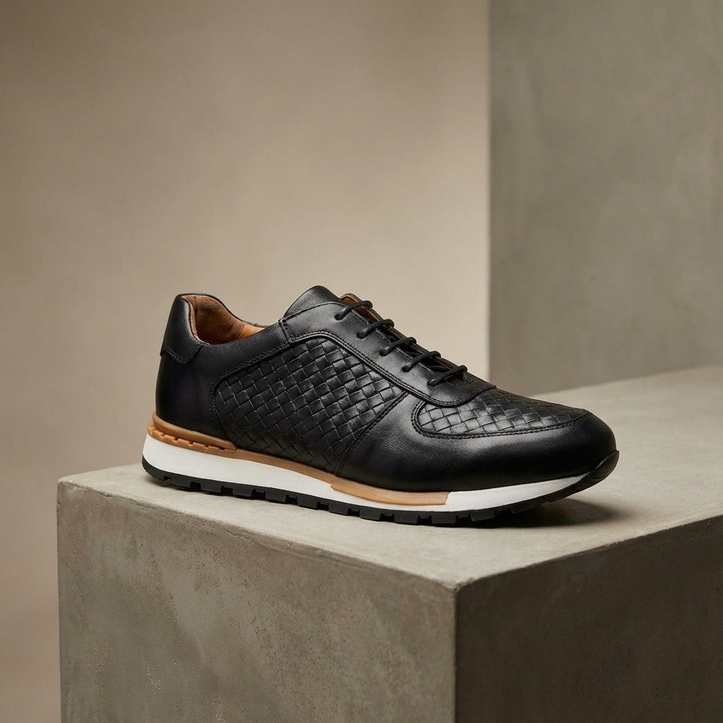 Men's faux leather trainers with an embossed woven texture and a white treaded sole - black