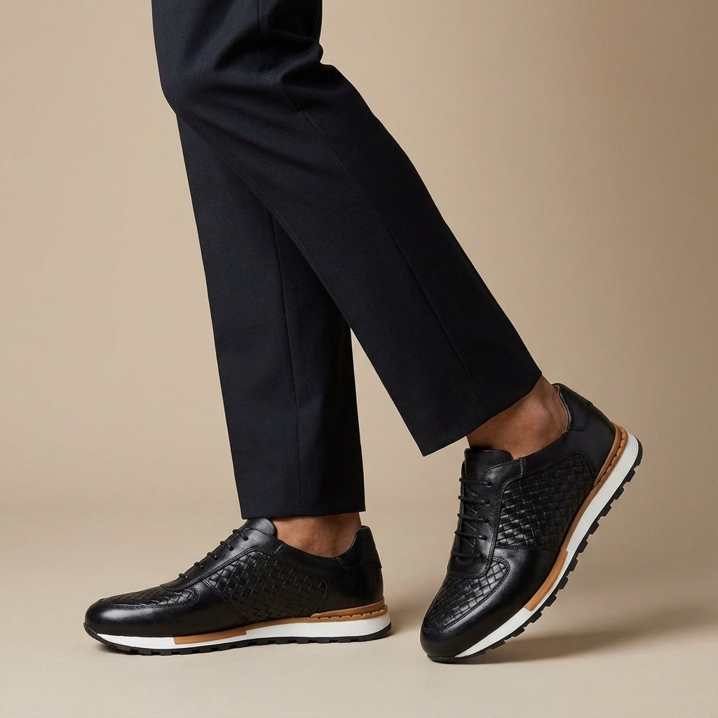 Men's faux leather trainers with an embossed woven texture and a white treaded sole - view 4