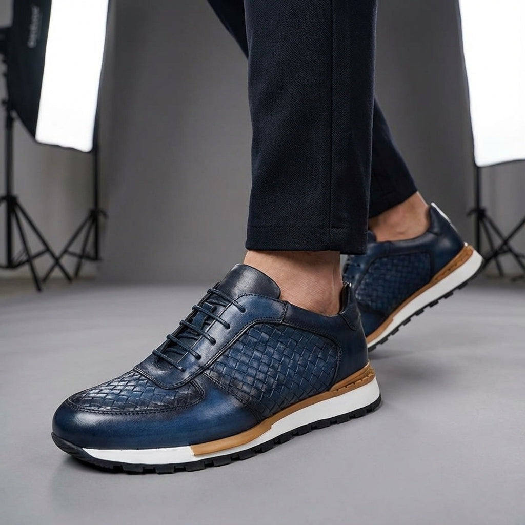 Men's faux leather trainers with an embossed woven texture and a white treaded sole - navy