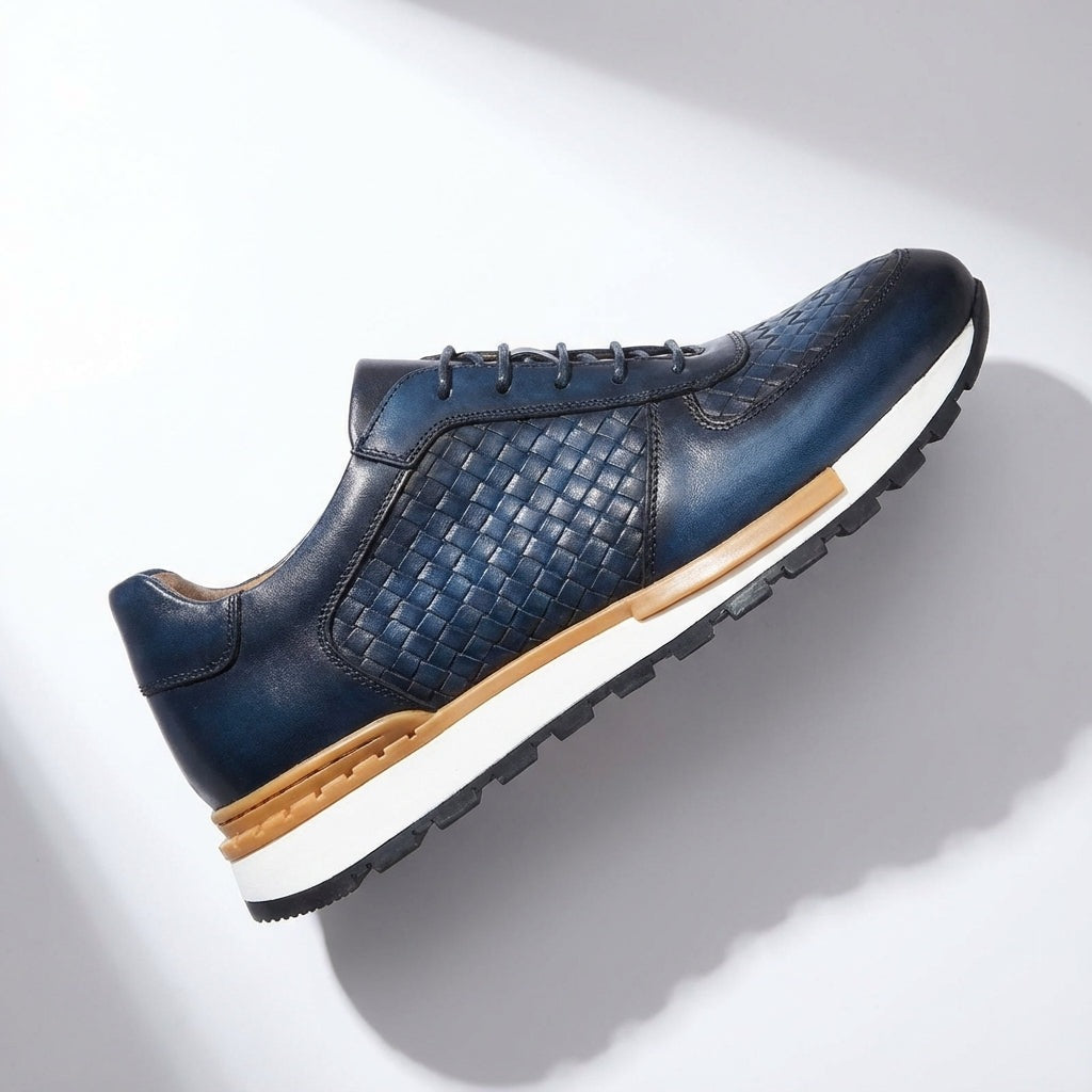 Men's faux leather trainers with an embossed woven texture and a white treaded sole - view 6