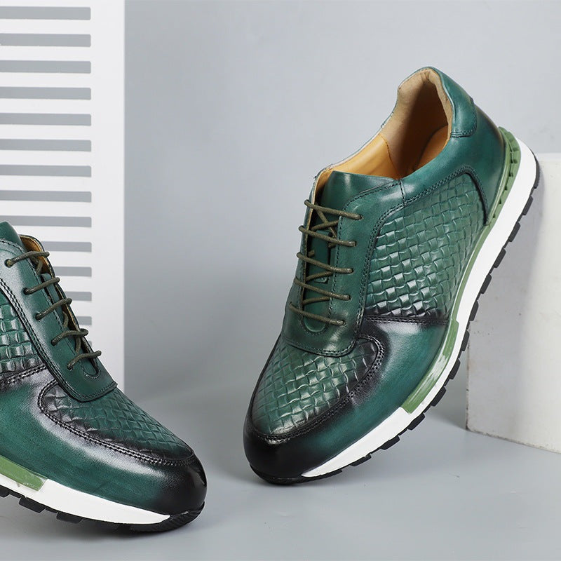 Men's faux leather trainers with an embossed woven texture and a white treaded sole - bottle green