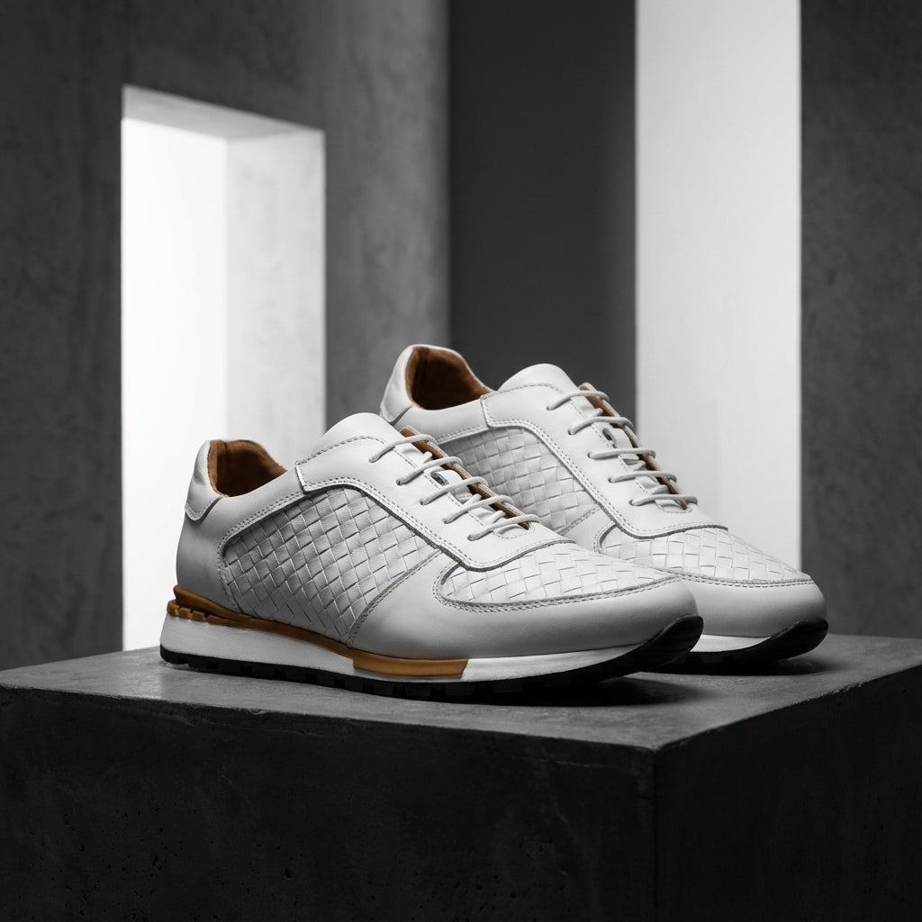 Men's faux leather trainers with an embossed woven texture and a white treaded sole - off-white