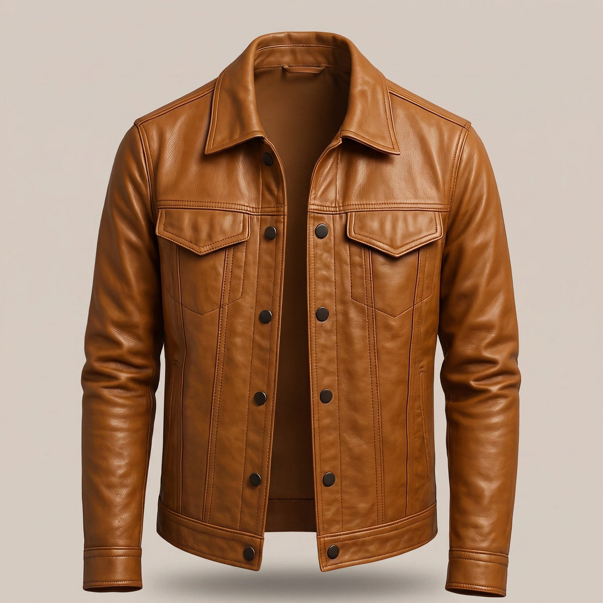 Men's faux leather trucker jacket with chest pockets - tan