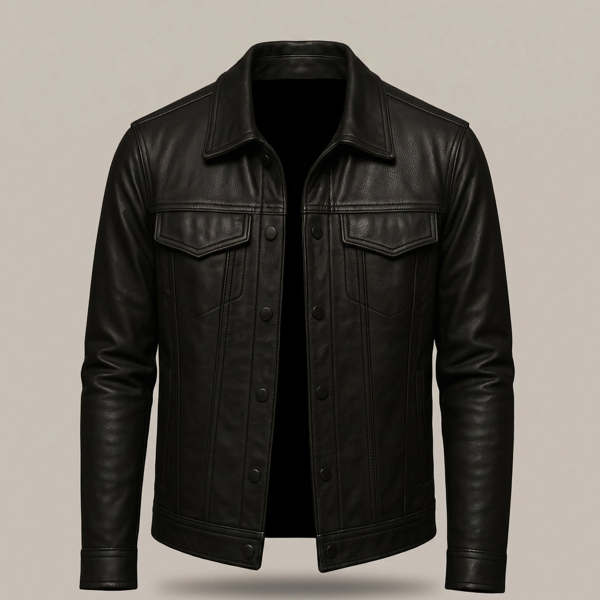 Men's faux leather trucker jacket with chest pockets - black