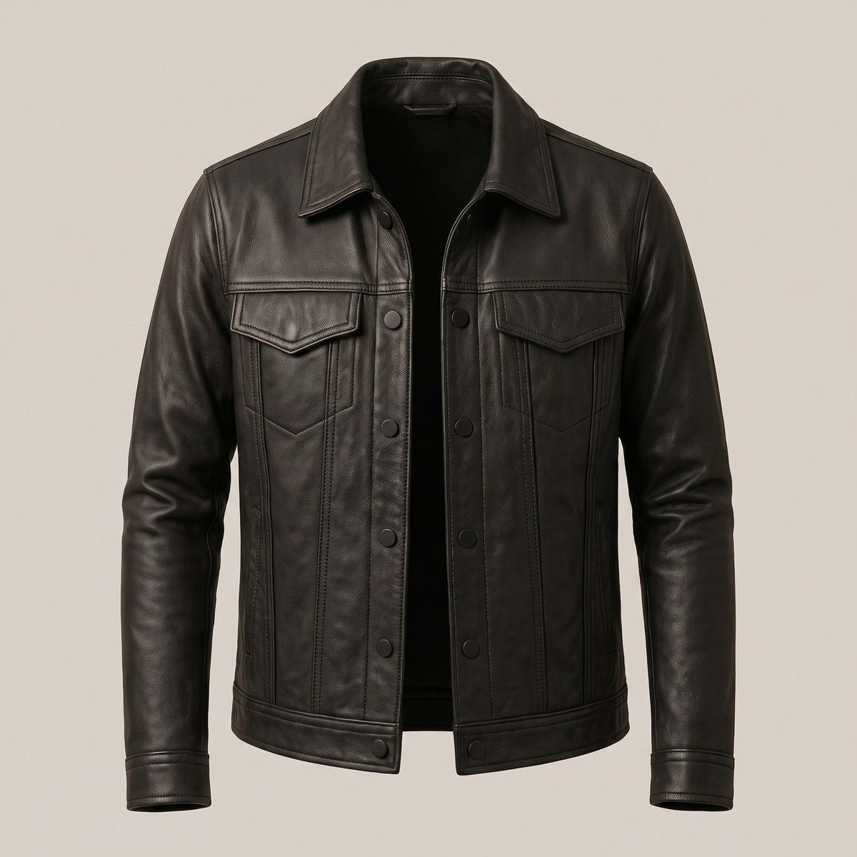 Men's faux leather trucker jacket with chest pockets - charcoal