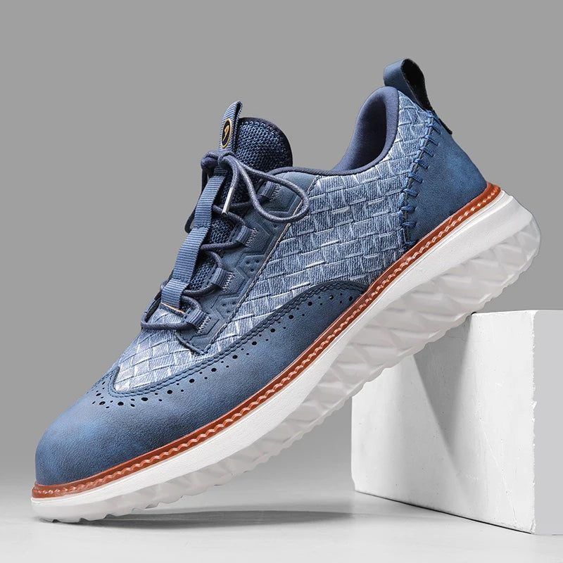 Men's faux leather trainers with a woven texture, brogue toe and white diamond-tread sole - denim blue