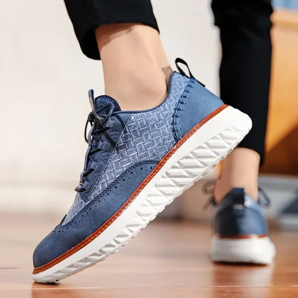 Men's faux leather trainers with a woven texture, brogue toe and white diamond-tread sole - view 4