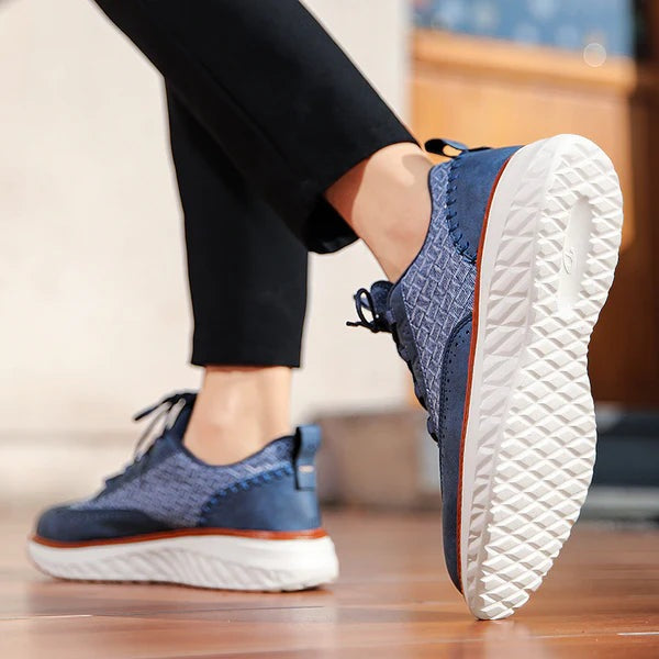 Men's faux leather trainers with a woven texture, brogue toe and white diamond-tread sole - view 5