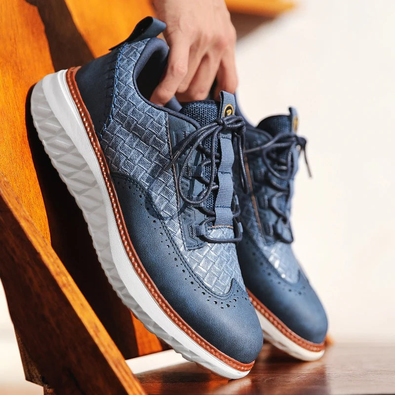 Men's faux leather trainers with a woven texture, brogue toe and white diamond-tread sole - view 7