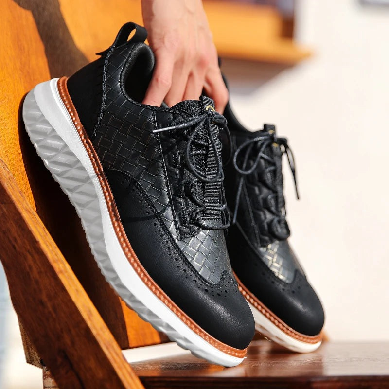 Men's faux leather trainers with a woven texture, brogue toe and white diamond-tread sole - view 8