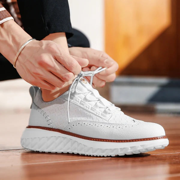 Men's faux leather trainers with a woven texture, brogue toe and white diamond-tread sole - view 9