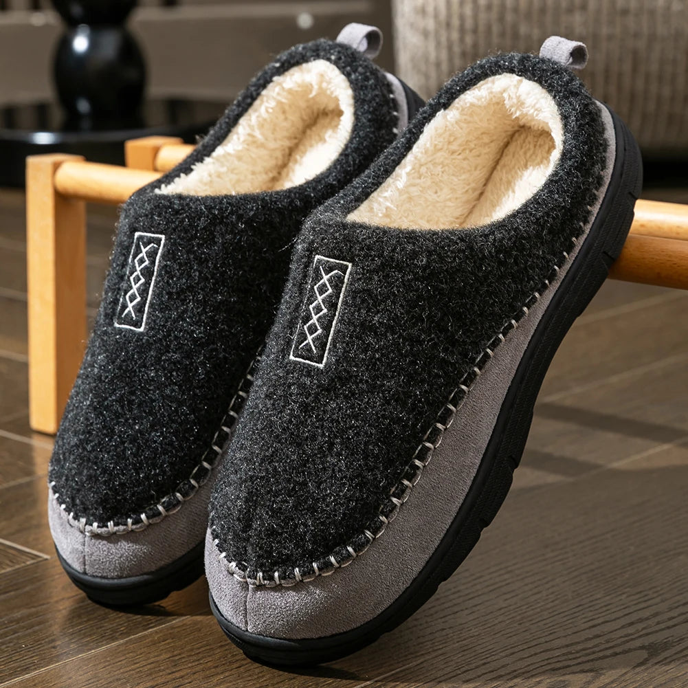 Men's felt-look slippers with teddy lining and a stitched suede look trim