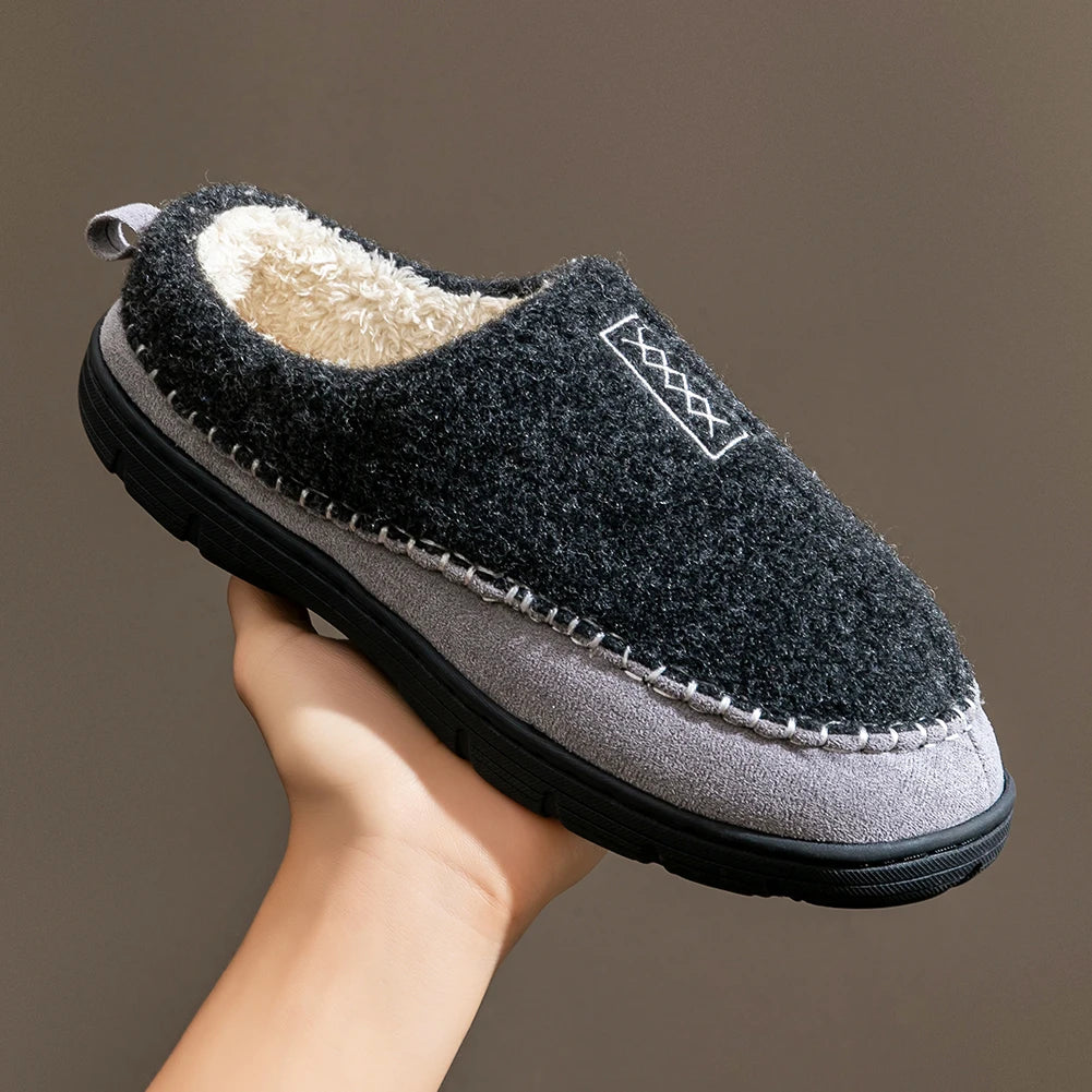 Men's felt-look slippers with teddy lining and a stitched suede look trim - view 3