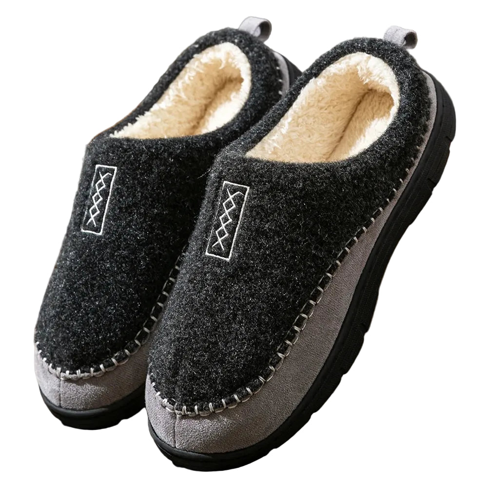 Men's felt-look slippers with teddy lining and a stitched suede look trim - charcoal