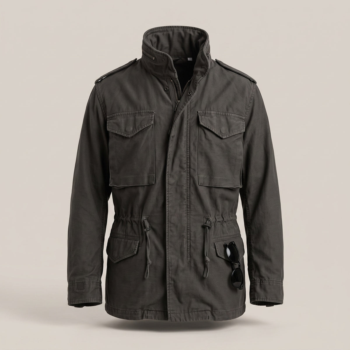 Men's field jacket with four flap pockets and a stand collar - black