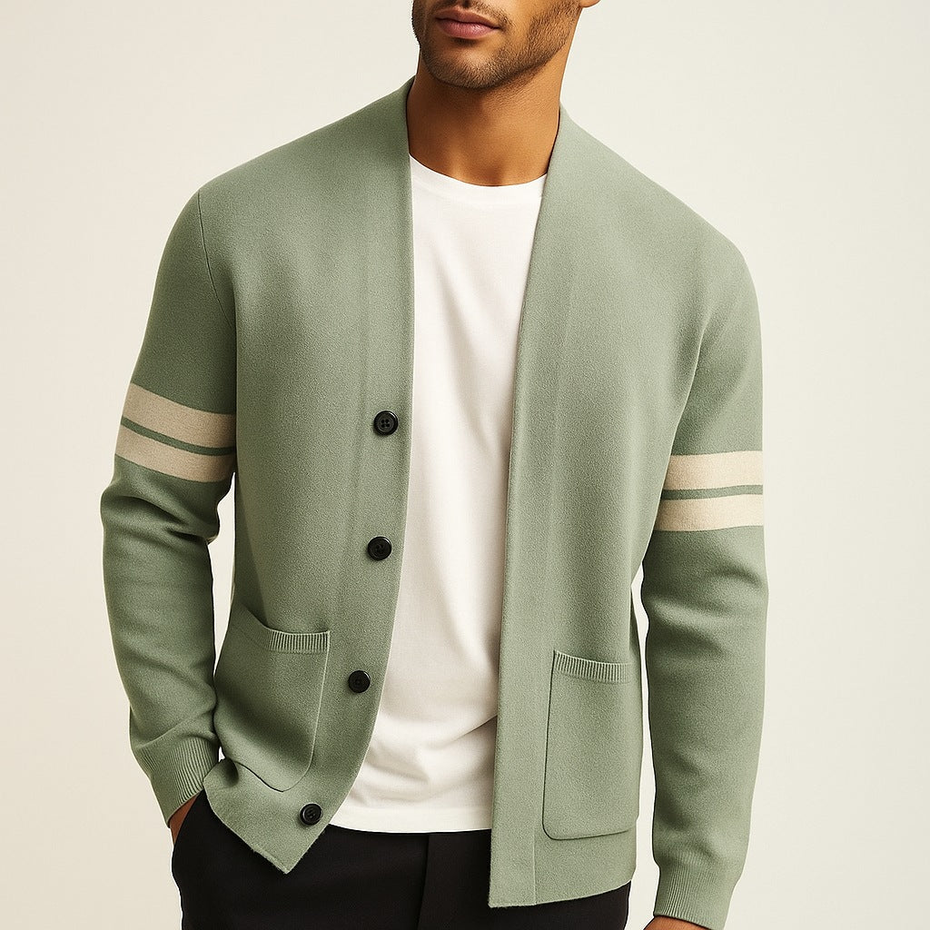 Men's fine knit V-neck cardigan with decorative buttons and sleeve stripes - mint green
