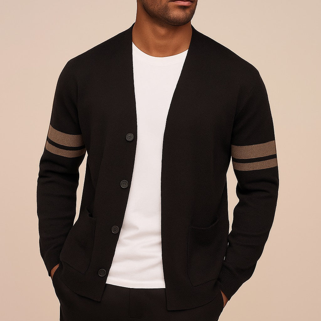 Men's fine knit V-neck cardigan with decorative buttons and sleeve stripes - black