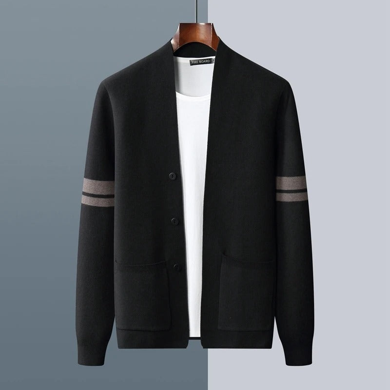 Men's fine knit V-neck cardigan with decorative buttons and sleeve stripes - view 6