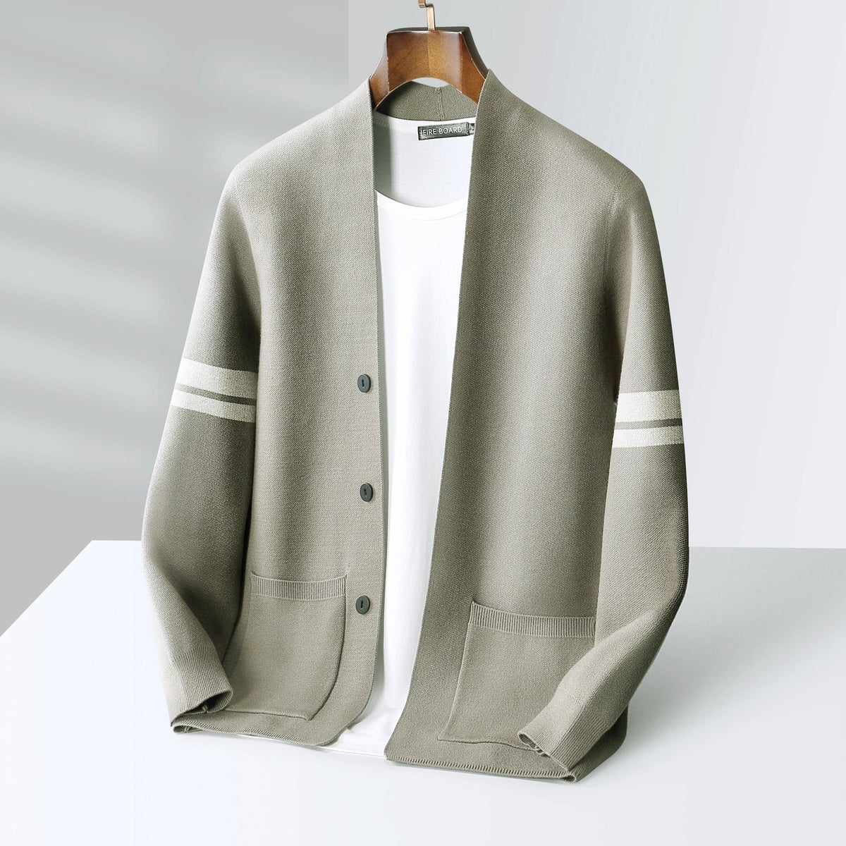 Men's fine knit V-neck cardigan with decorative buttons and sleeve stripes - khaki