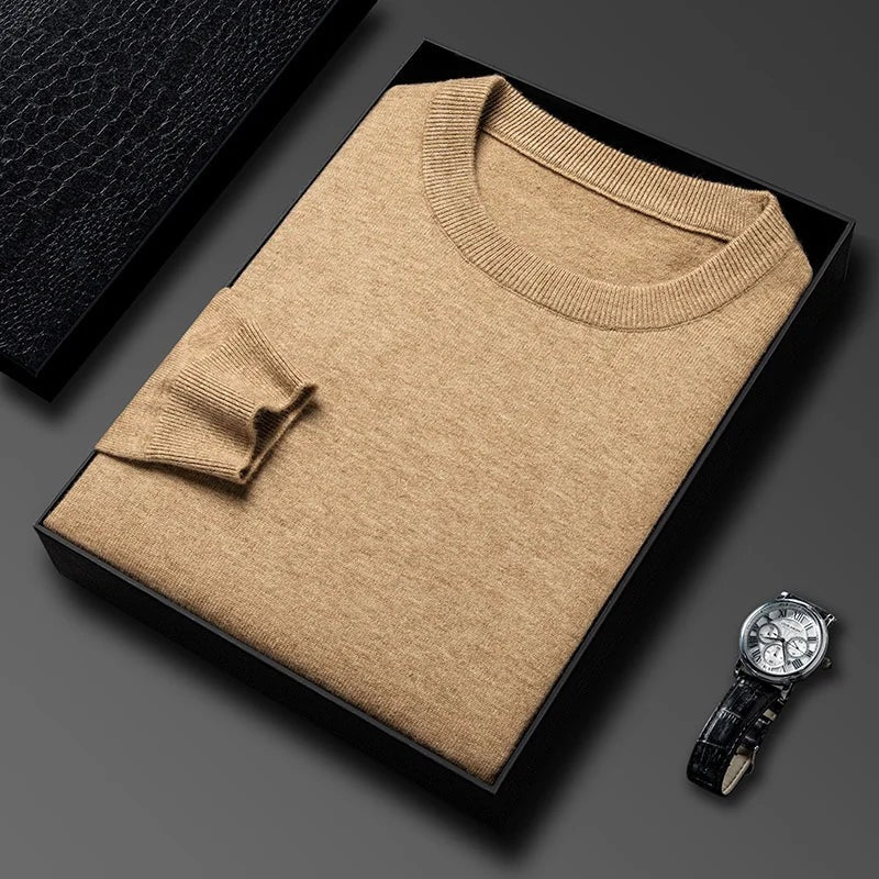 Men's fine knit crew neck jumper with narrow ribbed trims - camel