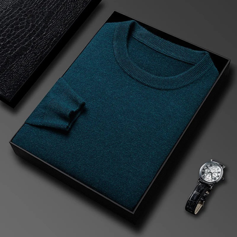 Men's fine knit crew neck jumper with narrow ribbed trims - petrol blue