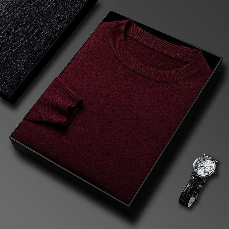Men's fine knit crew neck jumper with narrow ribbed trims - burgundy