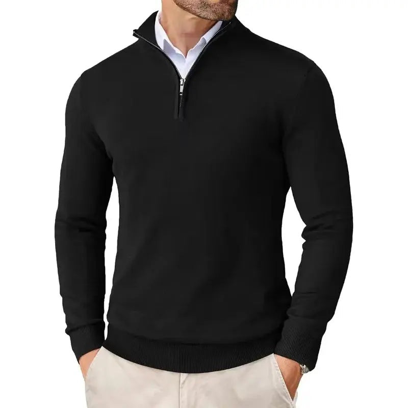 Men's fine knit slim fit half-zip jumper with a stand collar - black