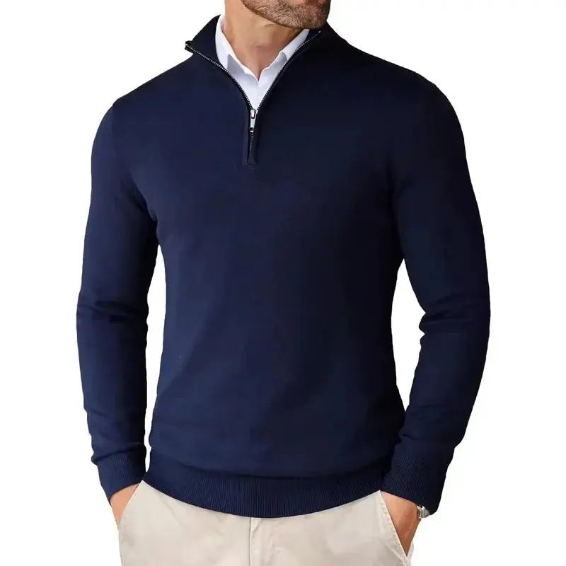 Men's fine knit slim fit half-zip jumper with a stand collar - navy