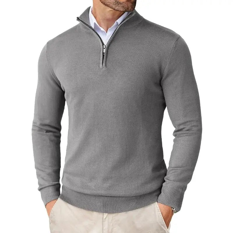 Men's fine knit slim fit half-zip jumper with a stand collar - grey