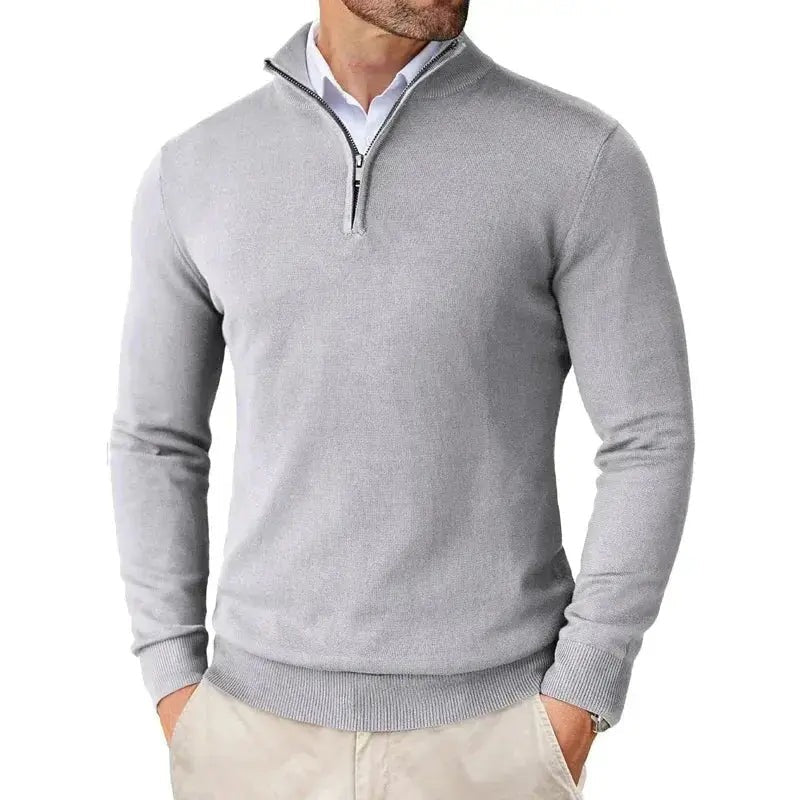 Men's fine knit slim fit half-zip jumper with a stand collar - light grey