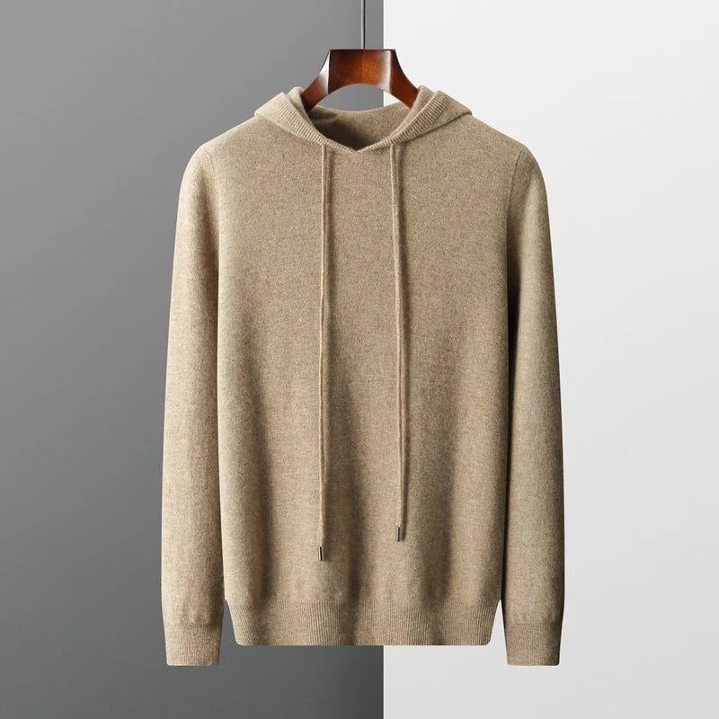 Men's fine knit hoodie with a drawcord hood and ribbed cuffs and hem