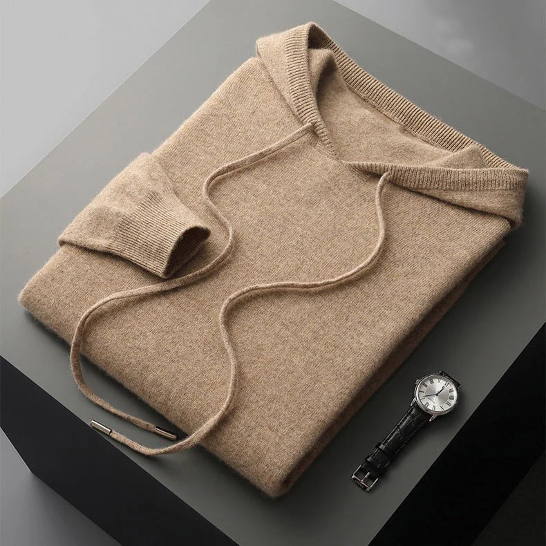 Men's fine knit hoodie with a drawcord hood and ribbed cuffs and hem - camel