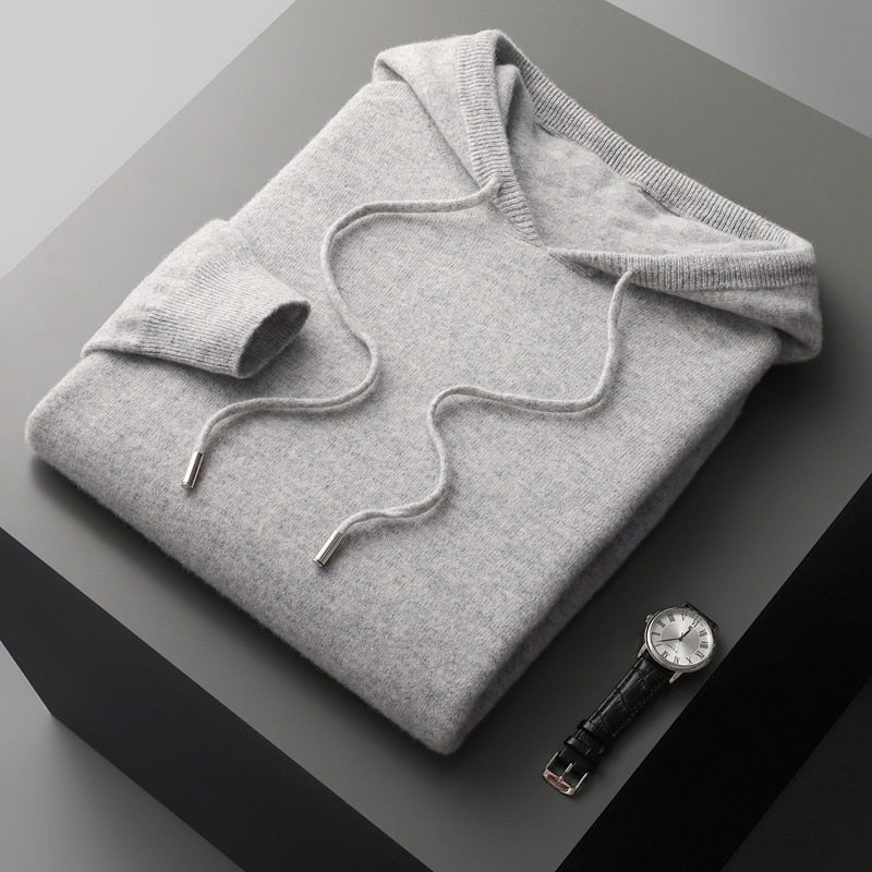 Men's fine knit hoodie with a drawcord hood and ribbed cuffs and hem - light grey