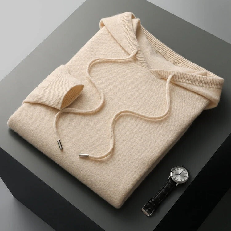 Men's fine knit hoodie with a drawcord hood and ribbed cuffs and hem - beige