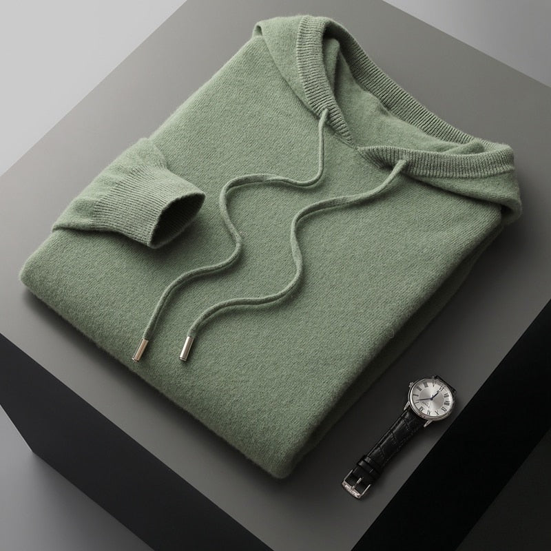 Men's fine knit hoodie with a drawcord hood and ribbed cuffs and hem - sage green