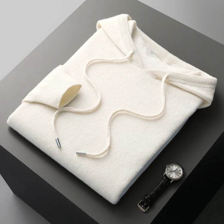 Men's fine knit hoodie with a drawcord hood and ribbed cuffs and hem - off-white