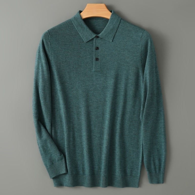 Men's fine knit long sleeve polo with a flat collar and three buttons - teal