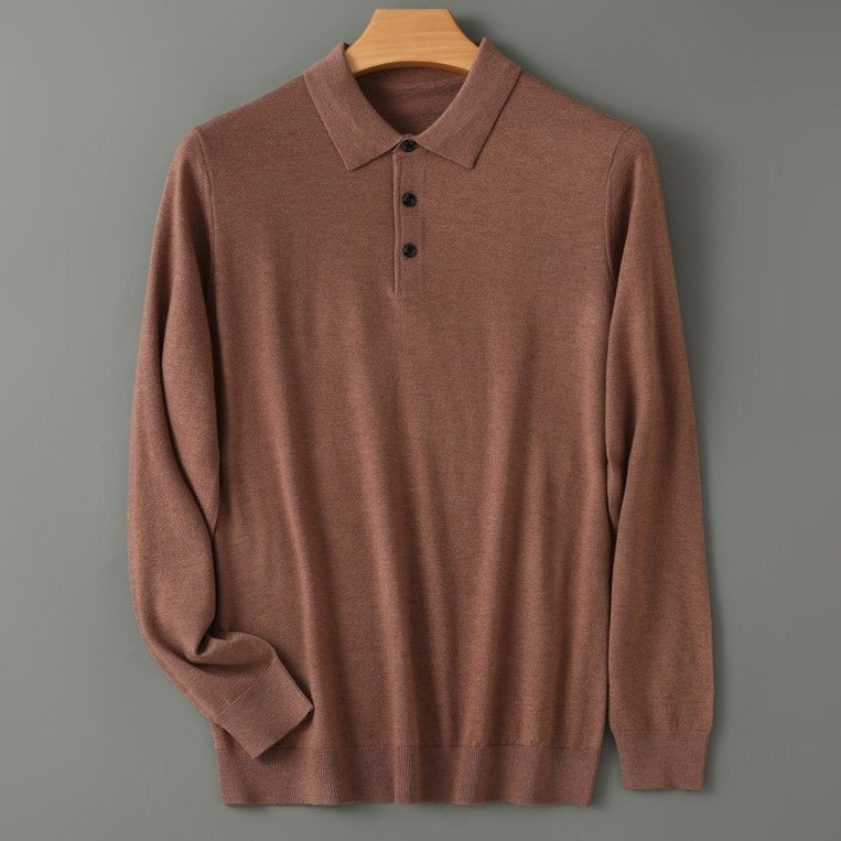 Men's fine knit long sleeve polo with a flat collar and three buttons - rust