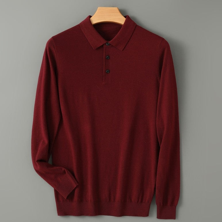 Men's fine knit long sleeve polo with a flat collar and three buttons - burgundy