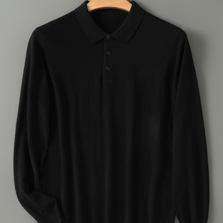Men's fine knit long sleeve polo with a flat collar and three buttons - black
