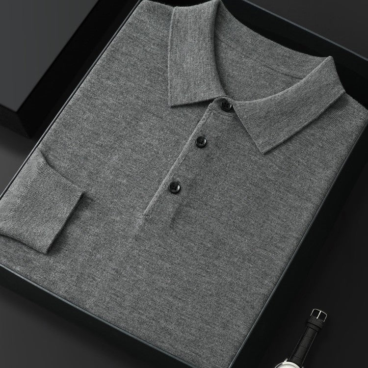 Men's fine knit long sleeve polo with a flat collar and three buttons - mid grey