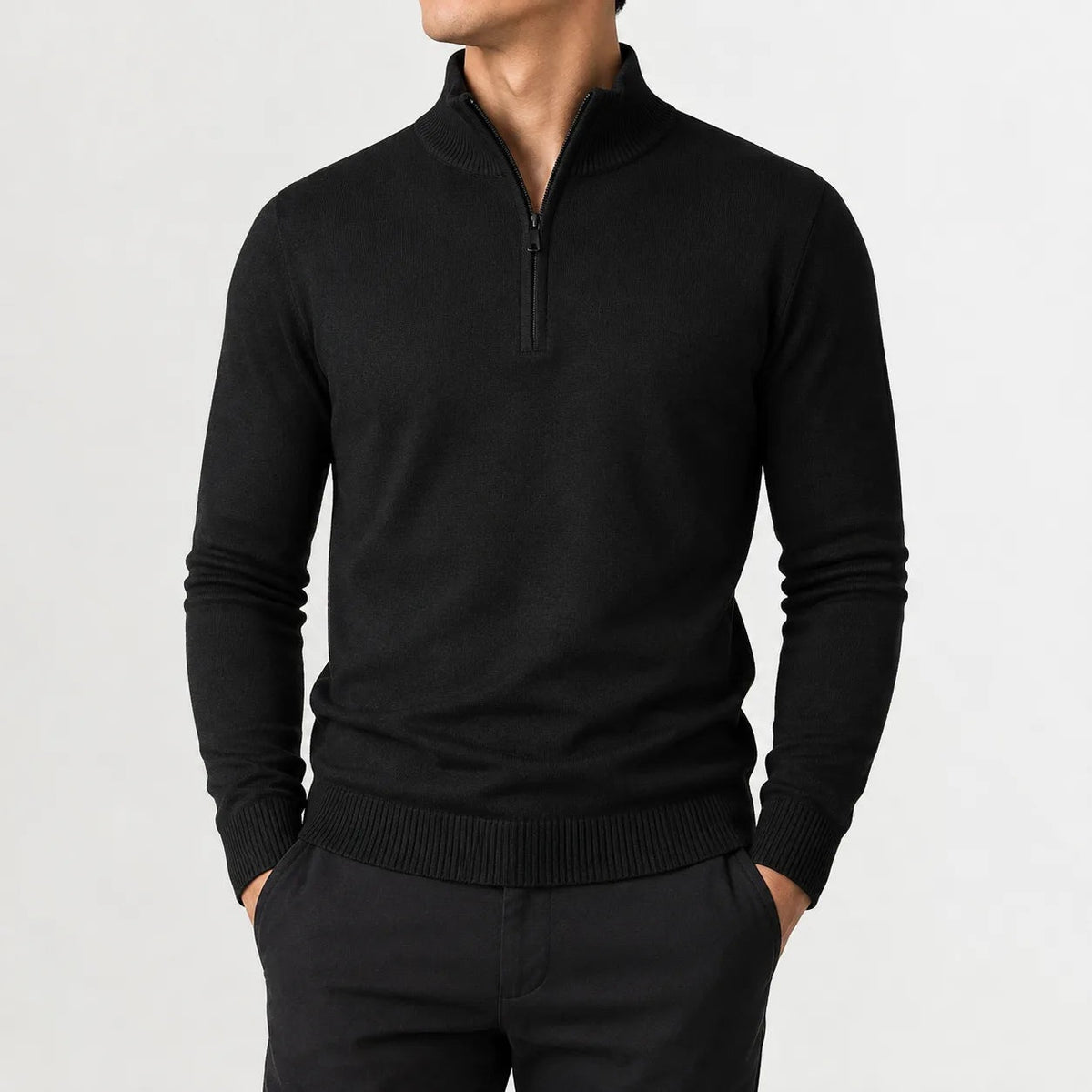 Men's fine knit quarter-zip jumper with ribbed trims - black