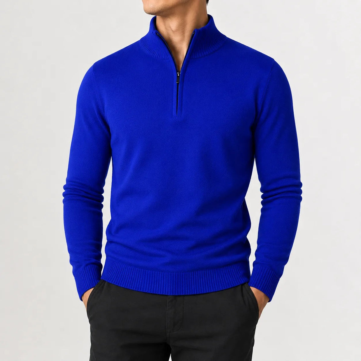 Men's fine knit quarter-zip jumper with ribbed trims - cobalt blue
