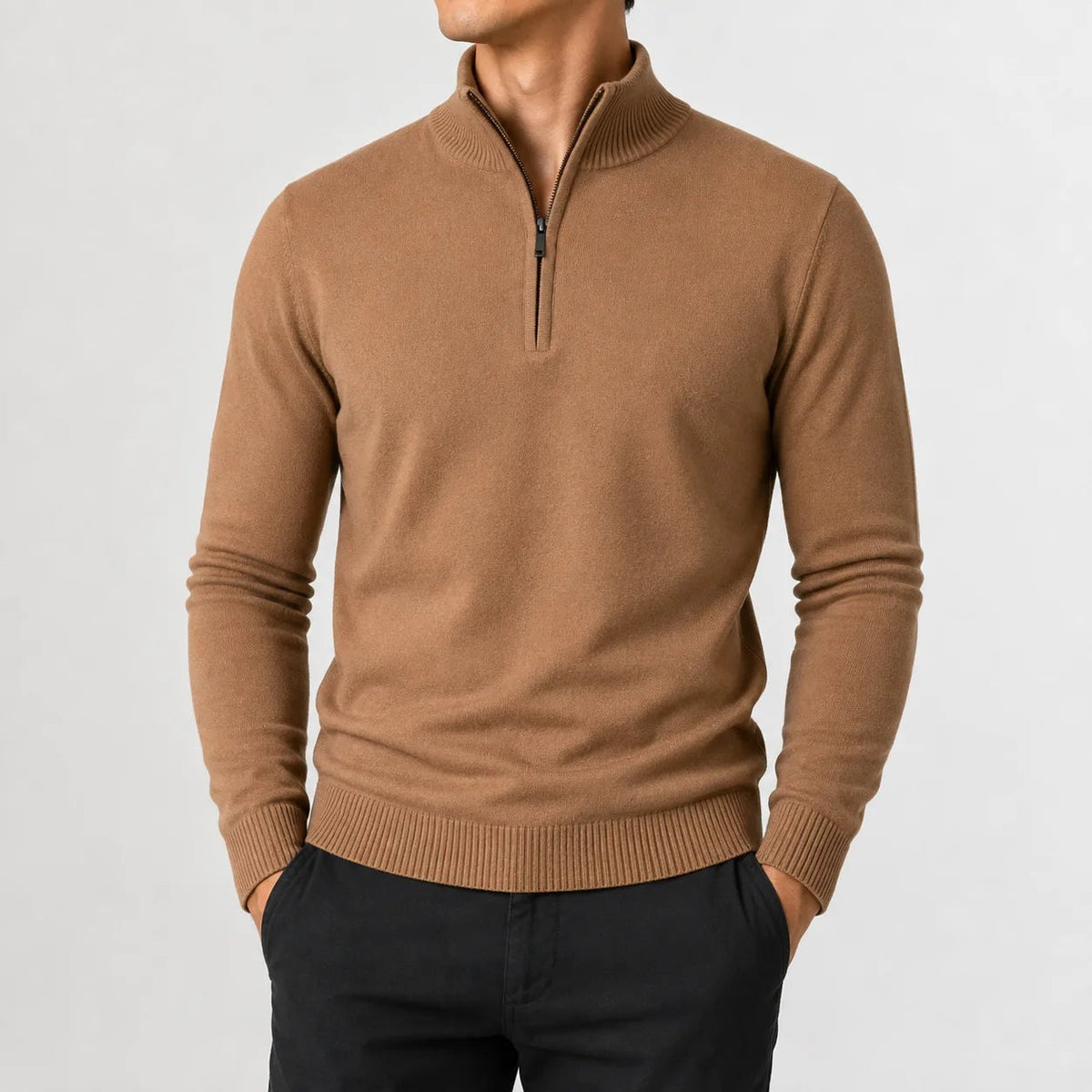 Men's fine knit quarter-zip jumper with ribbed trims - camel