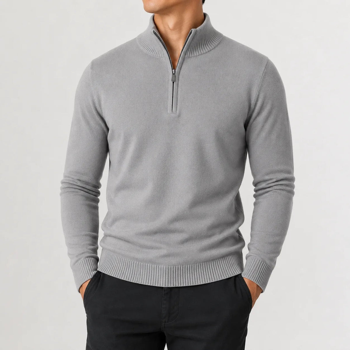 Men's fine knit quarter-zip jumper with ribbed trims - grey