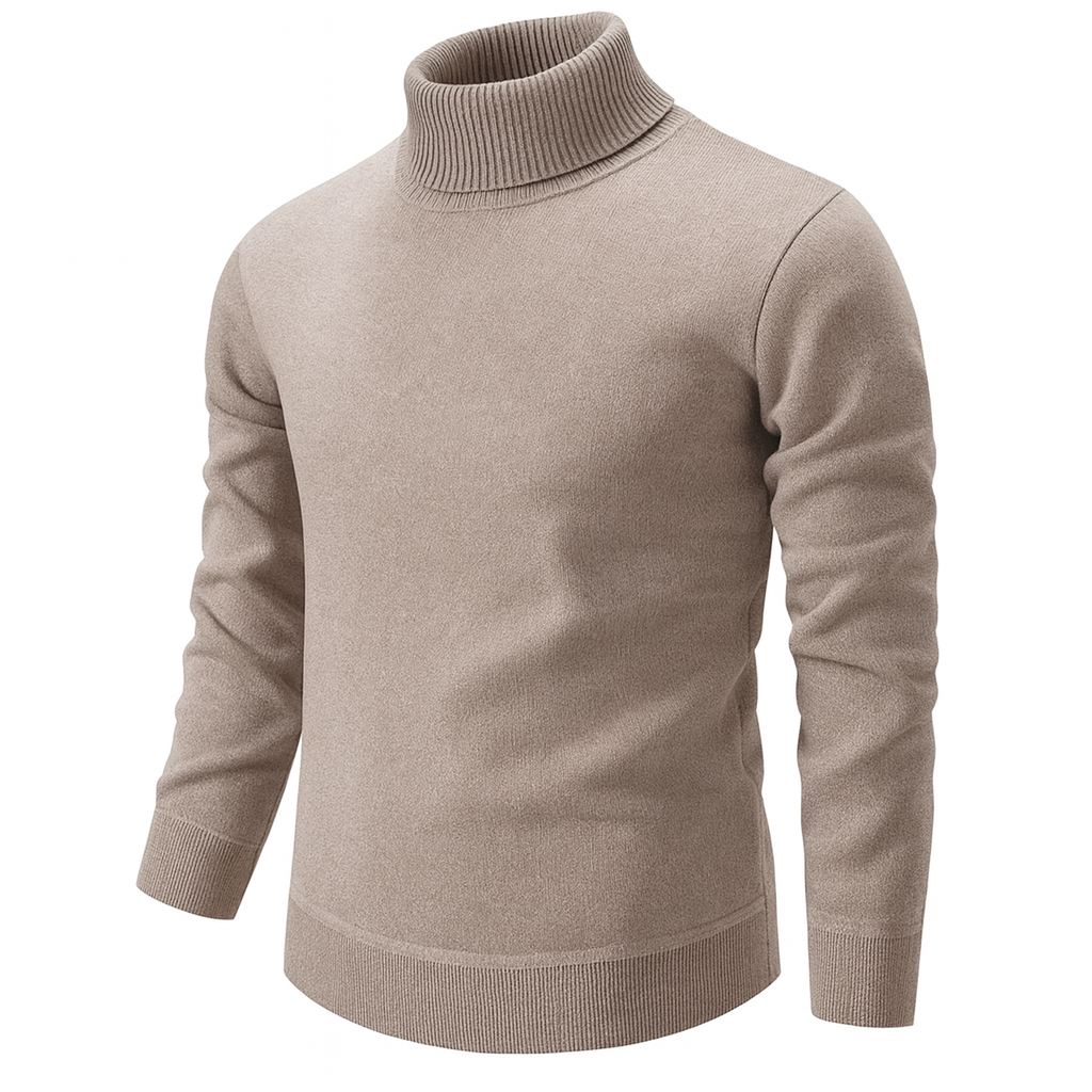 Men's fine-knit roll neck jumper with ribbed trims - beige