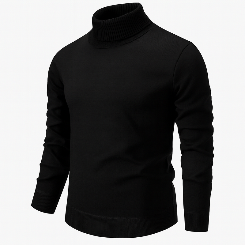 Men's fine-knit roll neck jumper with ribbed trims - black