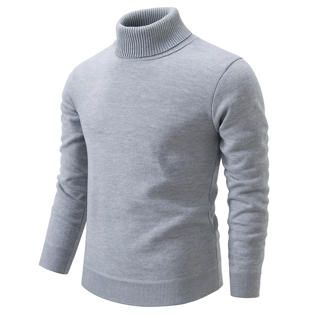 Men's fine-knit roll neck jumper with ribbed trims - light grey
