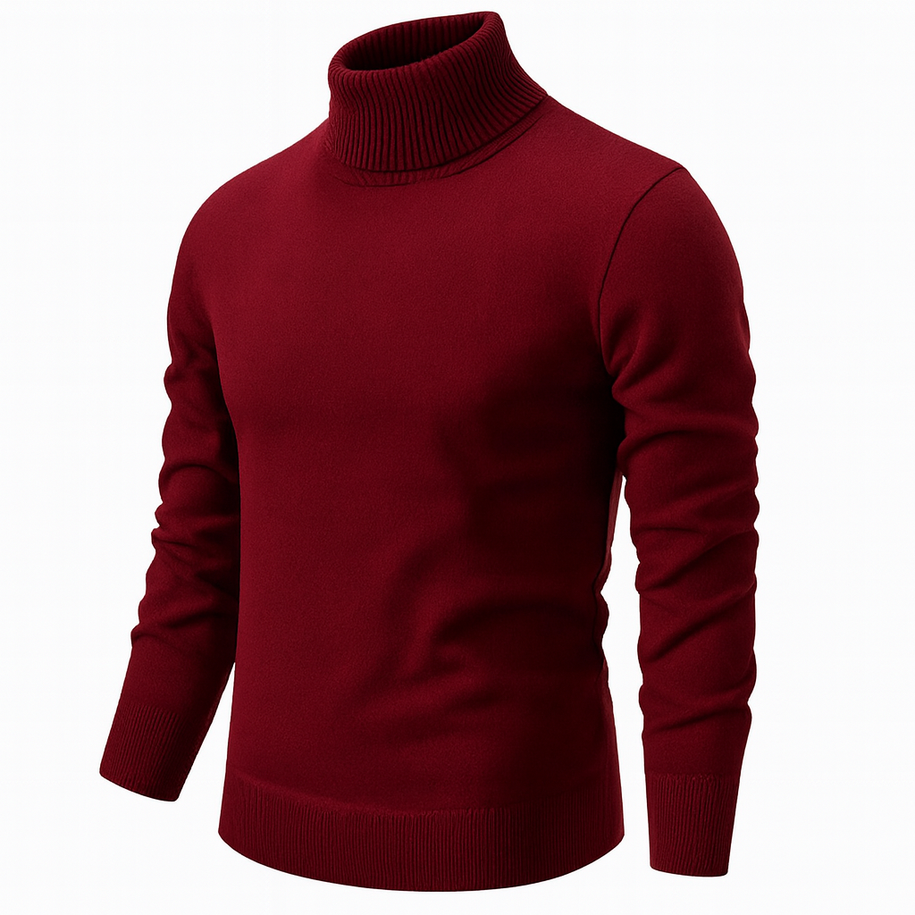 Men's fine-knit roll neck jumper with ribbed trims - burgundy